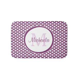 Modern Purple and White Scallops Monogram and Name Bathroom Mat