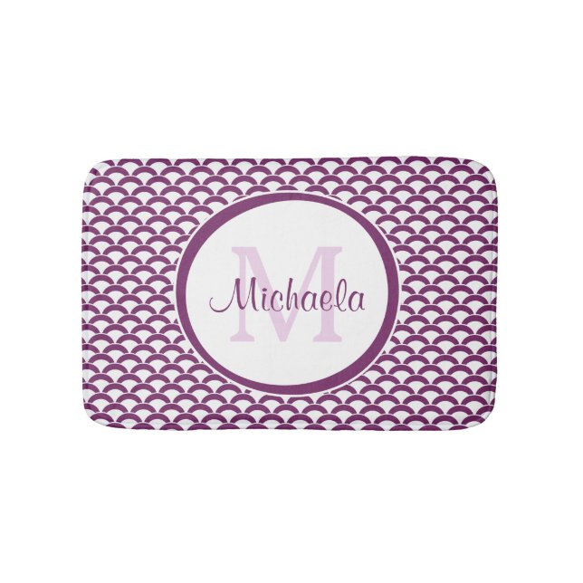 Modern Purple and White Scallops Monogram and Name Bathroom Mat (Front)