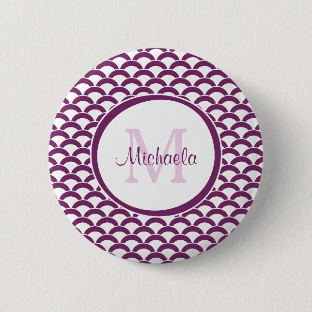 Modern Purple and White Scallops Monogram and Name Button (Front)