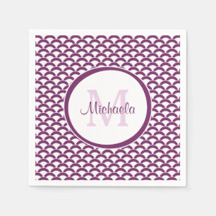 Modern Purple and White Scallops Monogram and Name Napkins