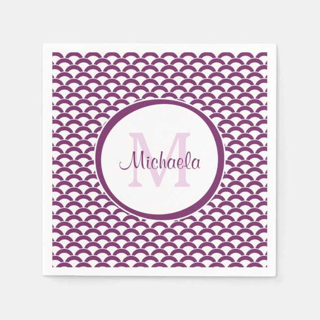 Modern Purple and White Scallops Monogram and Name Napkins (Front)