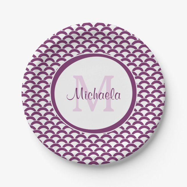 Modern Purple and White Scallops Monogram and Name Paper Plates (Front)