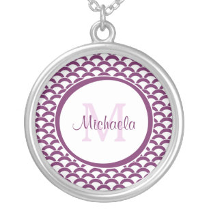 Modern Purple and White Scallops Monogram and Name Silver Plated Necklace