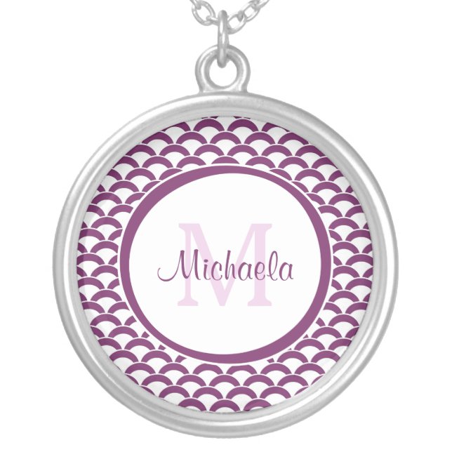 Modern Purple and White Scallops Monogram and Name Silver Plated Necklace (Front)
