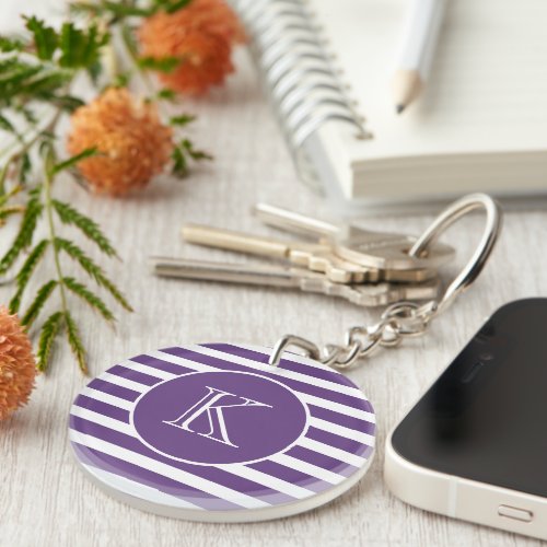 Modern Purple and White Stripes with Monogram  Keychain