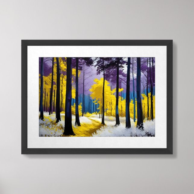 Modern Purple and Yellow Abstract Enchanted Forest Framed Art (Framed Front)