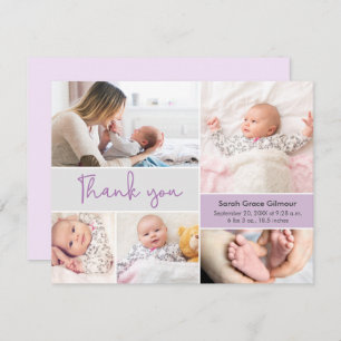 Modern Purple Baby girl Custom photo collage Thank You Card