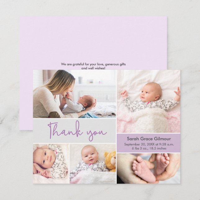 Modern Purple Baby girl Custom photo collage Thank You Card (Front/Back)