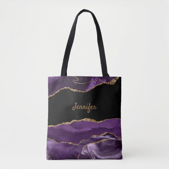 Modern Purple Black Agate Crystal Personalize Name Tote Bag (Front)