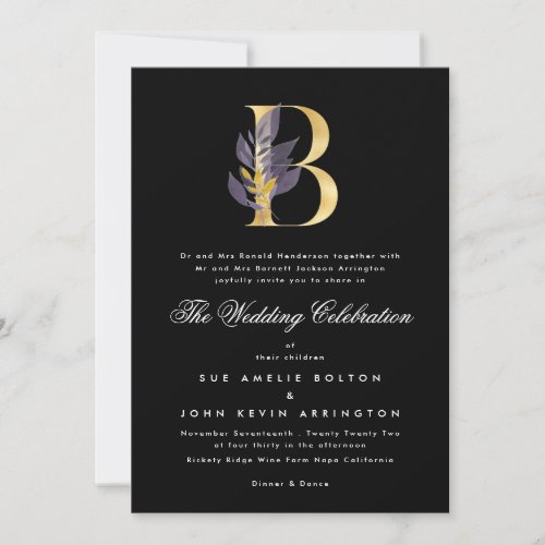 Modern Purple Black Alphabet B Monogram Wedding Invitation