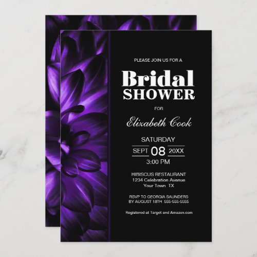 Modern Purple Black Floral Bridal Shower Invitation