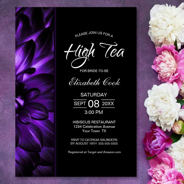 Modern Purple Black Floral High Tea Bridal Shower Invitation (Creator Uploaded)