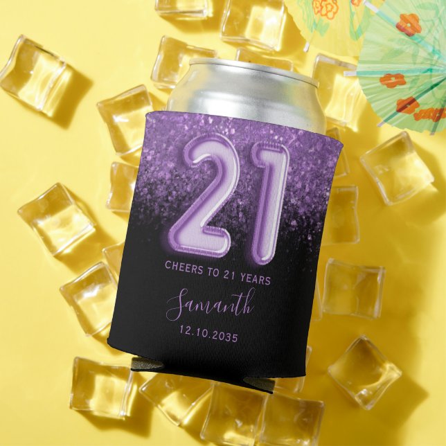 Modern Purple & Black Glitter 21st Birthday Can Cooler (In Situ Summer)