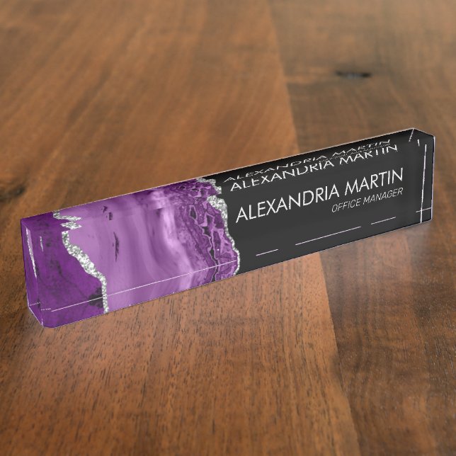 Modern Purple Black Silver Marble Agate Name Title Desk Name Plate (Side)