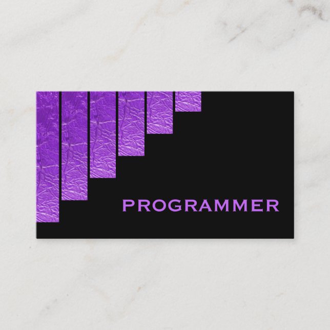 Modern purple, black vertical stripes programmer business card (Front)