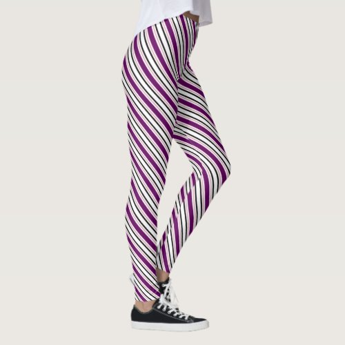Modern Purple Black White Stripes Leggings
