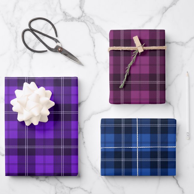 Modern Purple, Blue and Pink Tartan Patterns Wrapping Paper Sheets (Front)