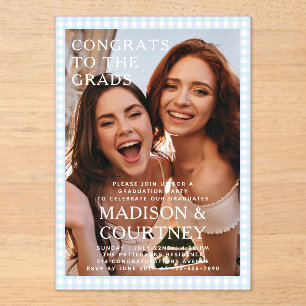 Modern Purple Blue Gingham Photo Graduation Party Acrylic Invitations