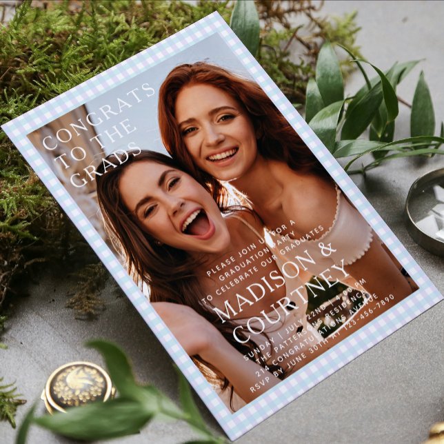 Modern Purple Blue Gingham Photo Graduation Party Invitation (Creator Uploaded)