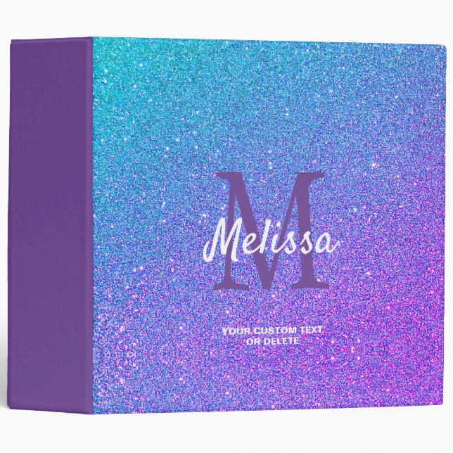 Modern Purple Blue Glitter Ombre Monogram Name 3 Ring Binder (Front/Spine)