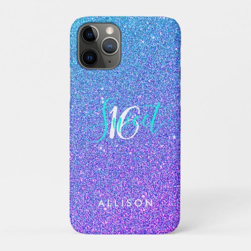 Modern Purple Blue Glitter Ombre Sweet 16 Monogram iPhone 11 Pro Case
