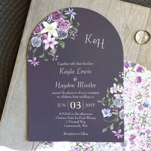 Modern Purple, Blue, Gray Rose Garden Wedding Invitation (modern arched slate gray lavender lilac purple blue roses boho wedding invitations bluish gray solid)