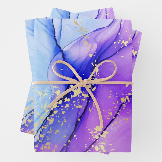 Modern Purple Blue Marble Galactic Glow Wrapping Paper Sheets (In situ)