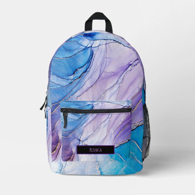 Modern Purple & Blue marbled Alcohol Ink  Printed Backpack (Front)