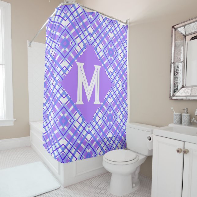 Modern Purple Blue Plaid Personalized Monogram Shower Curtain (In Situ)