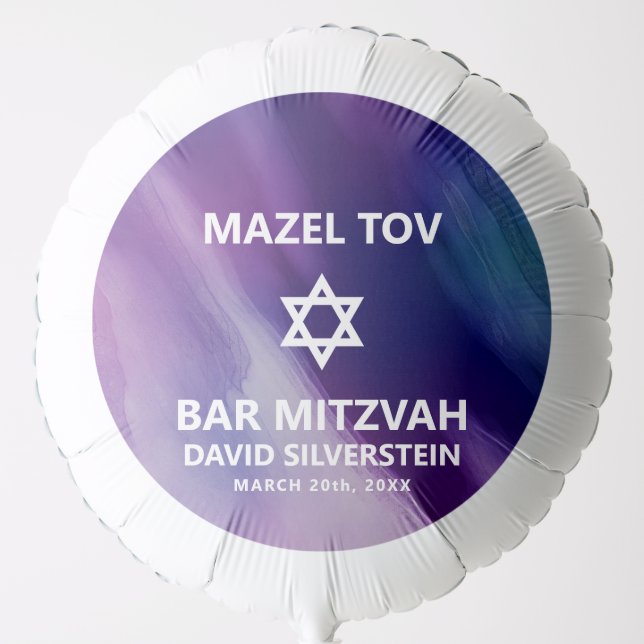 Modern Purple Blue Star David Bar Mitzvah Hebrew Balloon (Front)