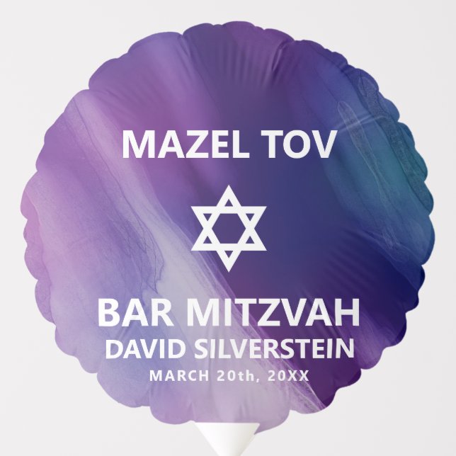 Modern Purple Blue Star David Bar Mitzvah Hebrew Balloon (Front)