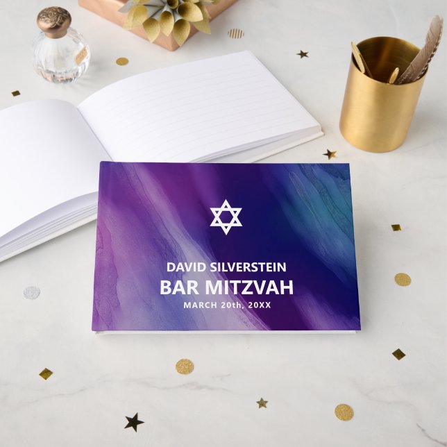 Modern Purple Blue Star David Bar Mitzvah Hebrew Guest Book (Front Open)