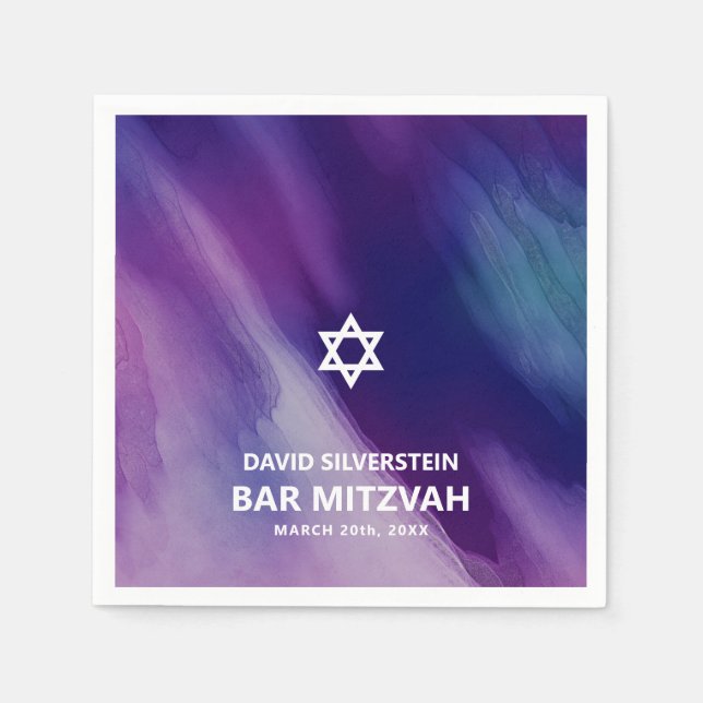 Modern Purple Blue Star David Bar Mitzvah Hebrew Napkins (Front)