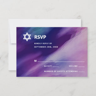 Modern Purple Blue Star David Bar Mitzvah Hebrew RSVP Card