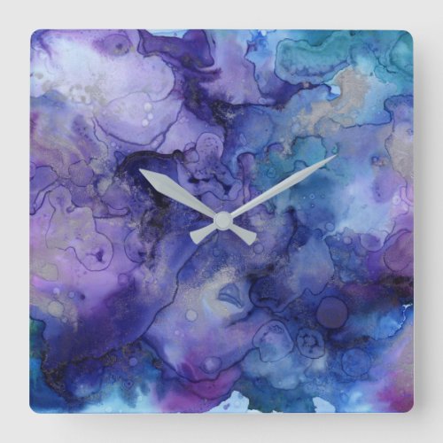 Modern purple  blue watercolor splatter pattern square wall clock