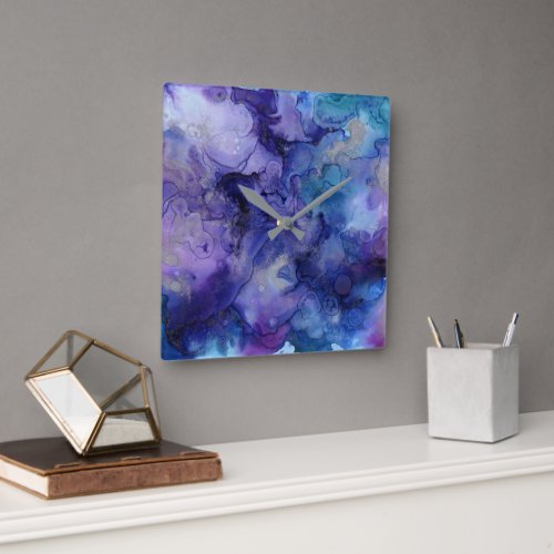 Modern purple  blue watercolor splatter pattern square wall clock