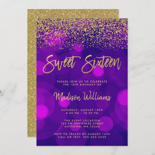 Modern Purple Bokeh Gold Glitter Sweet 16 Invitation | Zazzle.com