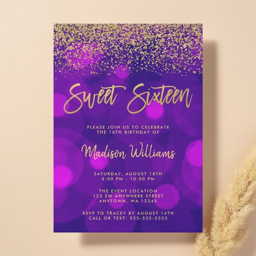 Modern Purple Bokeh Gold Glitter Sweet 16 Invitation