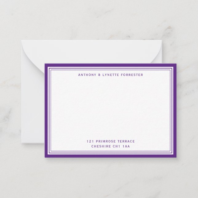 Modern Purple Border Name & Address  Note Card (Front)