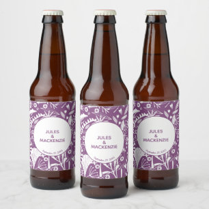 Modern Purple Botanical Wedding Beer Bottle Label