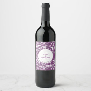 Modern Purple Botanical Wedding Wine Label
