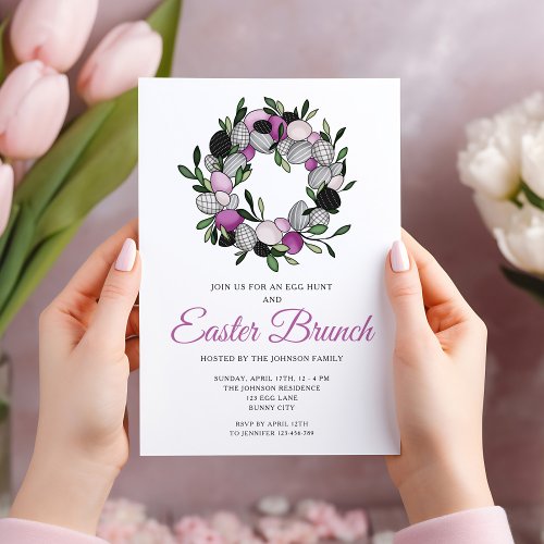 Modern Purple Botanical Wreath Easter Brunch Invitation