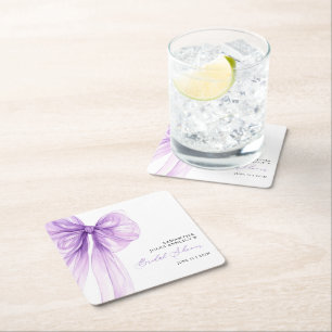 Modern Purple Bow Bridal Shower Square Paper Coaster
