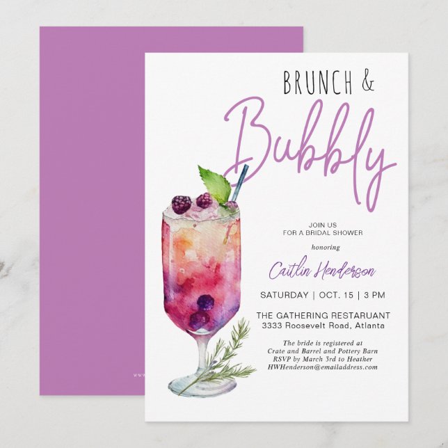 Modern Purple Brunch and Bubbly Bridal Shower Invitation (Front/Back)