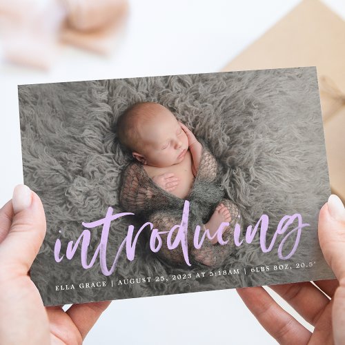 Modern Purple Brush Script Introducing Photo Birth Announcement