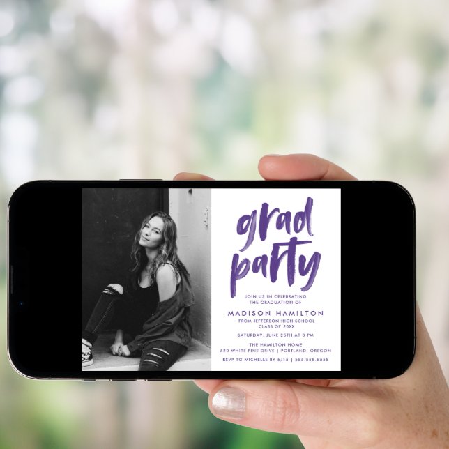Modern Purple Brush Script Photo Graduation Party Invitation (Front Digital)