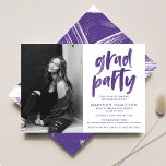 Modern Purple Brush Script Photo Graduation Party Invitation<br><div class="desc">Invite guests to celebrate the grad with our photo graduation party invites! The modern graduation party invitations feature the graduate's vertical photo. "Grad Party" is displayed in a purple painted brush font. Personalize the front of the invite by adding the graduate's name, school name, graduation year, and graduation party details....</div>