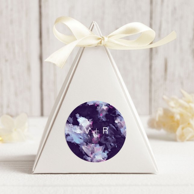 Modern Purple Brush Strokes Monogram Wedding Classic Round Sticker (Creator Uploaded)