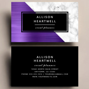 Modern Purple Brushed Metal White Marble Black Business Card