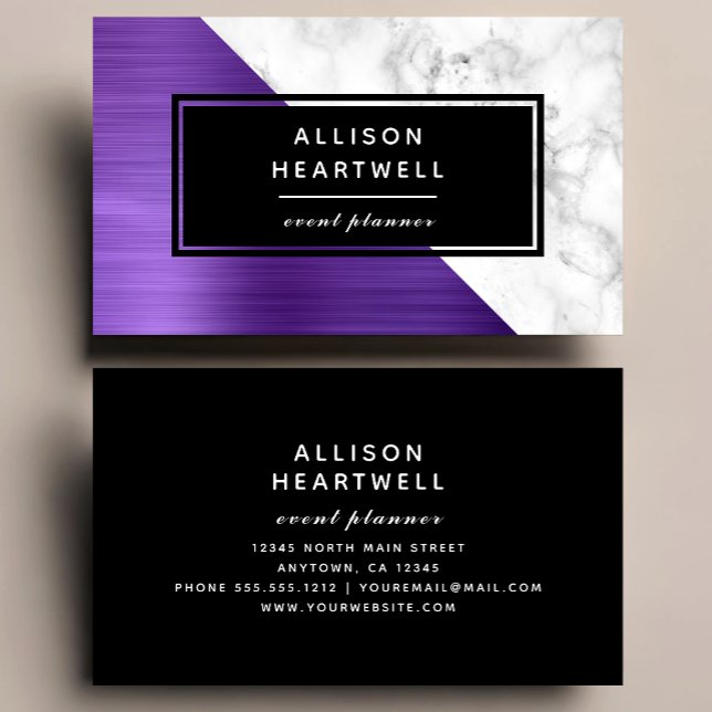 Modern Purple Brushed Metal White Marble Black Business Card (Creator Uploaded)